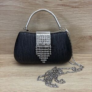 Black Box Evening Clutch Silver Handle Faux Leather Rhinestone Detachable Strap